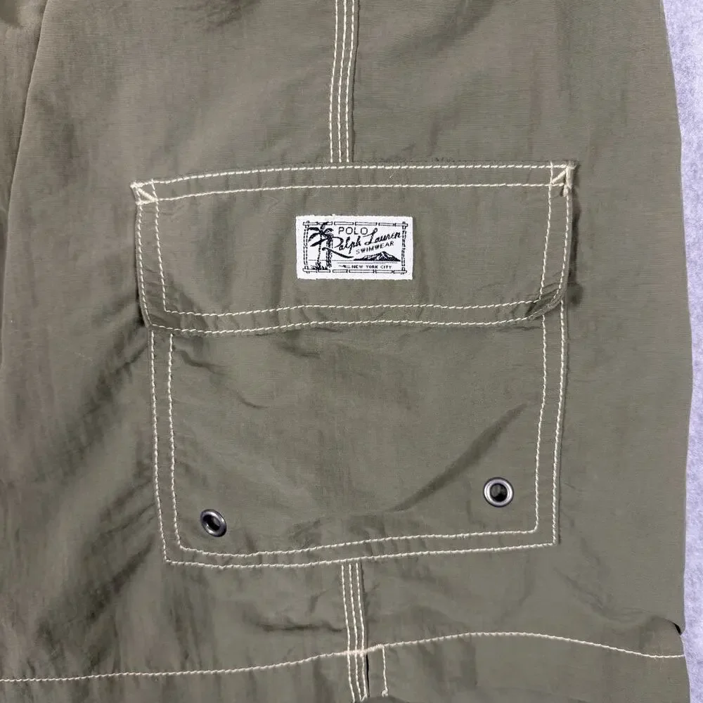 Polo Ralph Lauren Men's Swim Trunks XL Olive Cargo Pocket Lined Drawstring Pony
